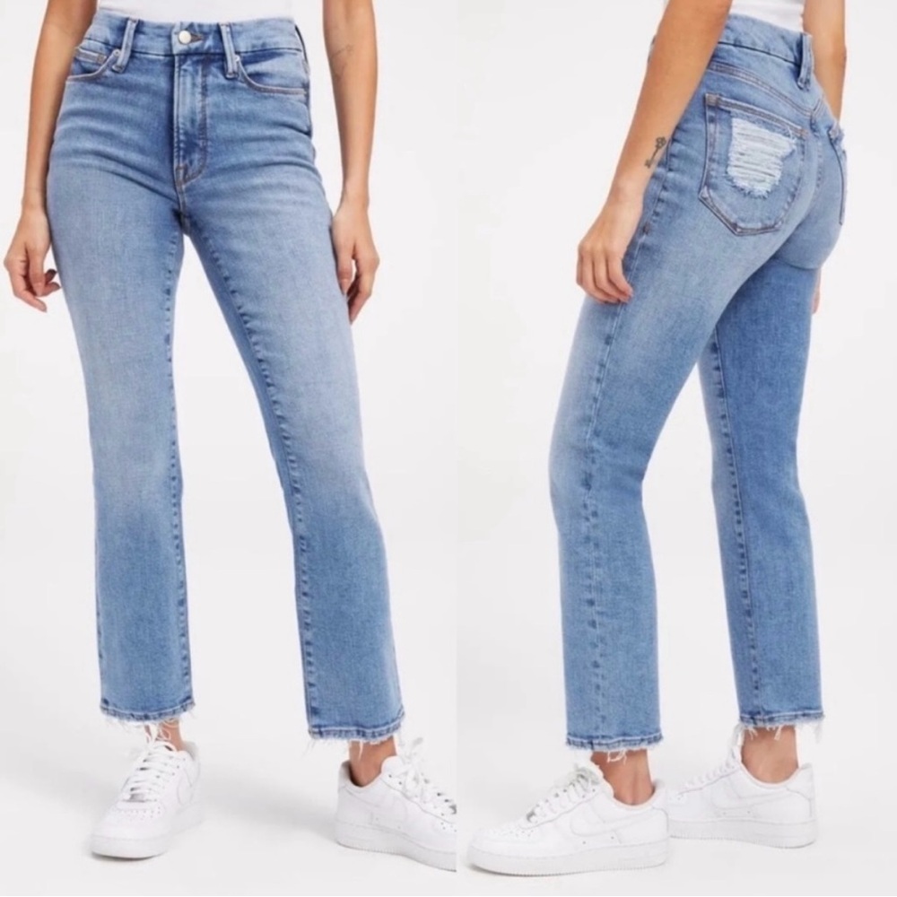 NWT Good American Good Legs Straight Distressed Pocket Jeans